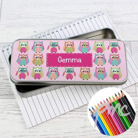 Personalised Summer Owl Pencil Tin with Pencil Crayons