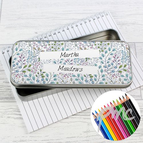 Personalised Botanical Pencil Tin with Pencil Crayons