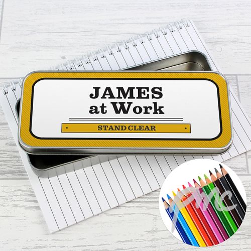 Personalised Man at Work Pencil Tin with Pencil Crayons