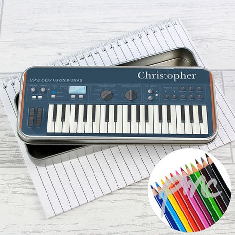 Personalised Keyboard Pencil Tin with Pencil Crayons