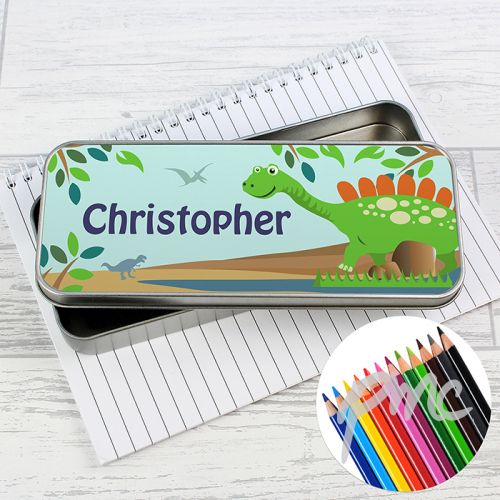 Personalised Dinosaur Pencil Tin with Pencil Crayons