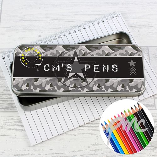 Personalised Army Camo Pencil Tin with Pencil Crayons