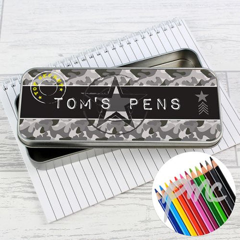 Personalised Army Camo Pencil Tin with Pencil Crayons