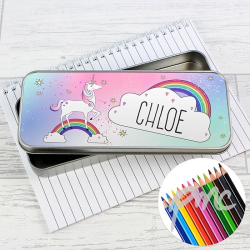 Personalised Unicorn Pencil Tin with Pencil Crayons