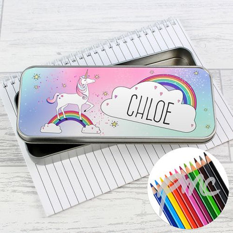 Personalised Unicorn Pencil Tin with Pencil Crayons