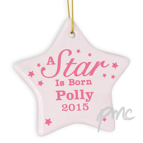 Personalised Pink 'A star Is Born' Ceramic Star Decoration