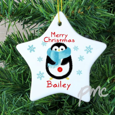Personalised Felt Stitch Penguin Ceramic Star Decoration
