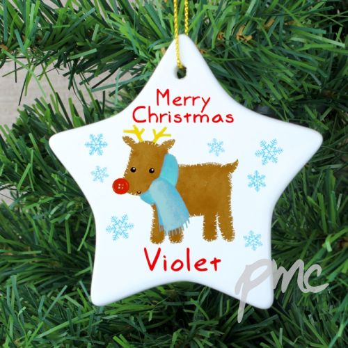 Personalised Felt Stitch Reindeer Ceramic Star Decoration