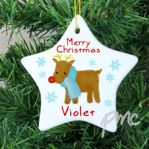 Personalised Felt Stitch Reindeer Ceramic Star Decoration