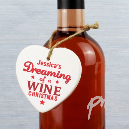 Personalised Dreaming of a Wine Christmas Ceramic Heart Decoration