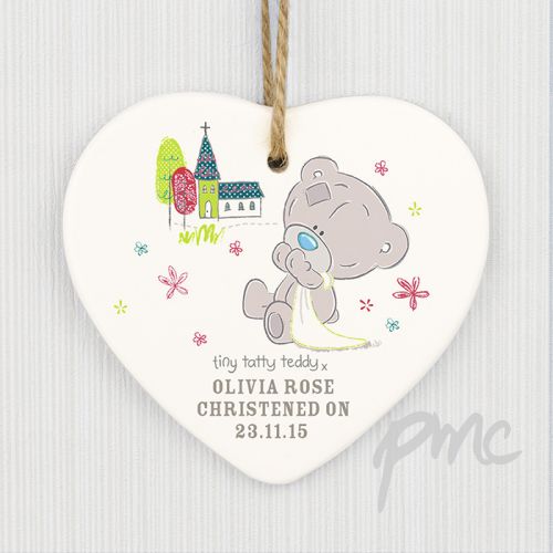 Personalised Tiny Tatty Teddy Christening Ceramic Heart Decoration