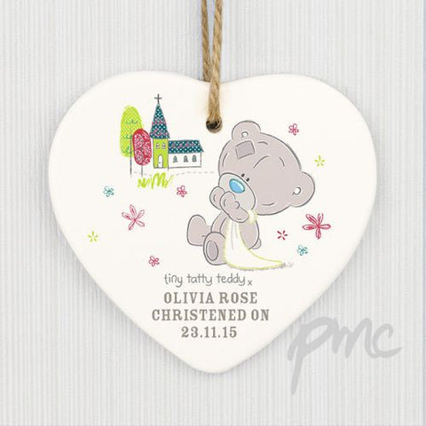Personalised Tiny Tatty Teddy Christening Ceramic Heart Decoration