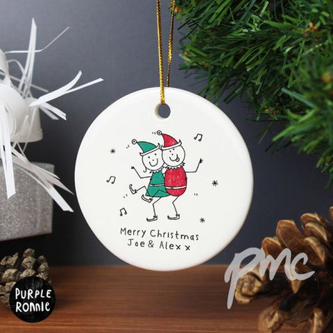 Personalised Purple Ronnie Christmas Elves Round Ceramic Decoration