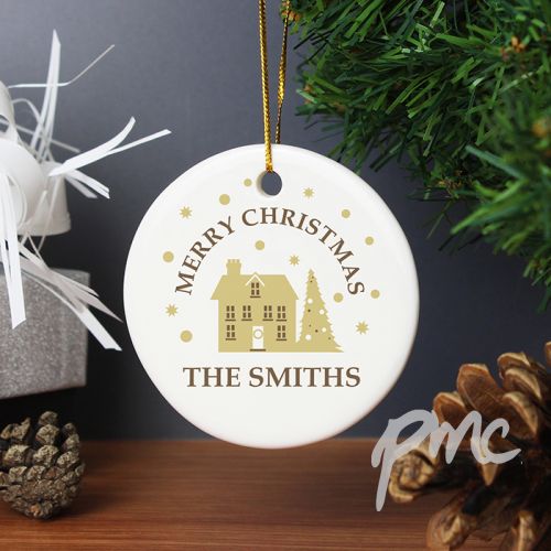 Personalised Festive Village Round Ceramic Decoration