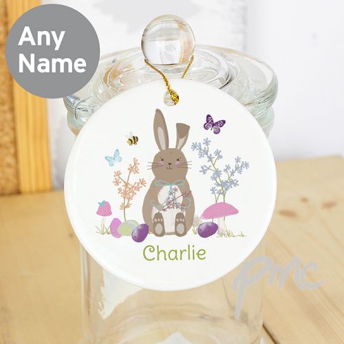 Personalised Easter Meadow Bunny Round Ceramic Decoration