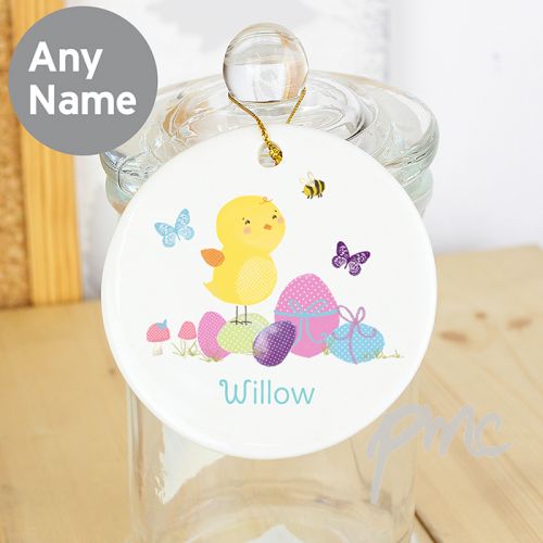 Personalised Easter Meadow Chick Round Ceramic Decoration