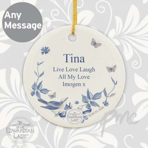 Personalised Country Diary Blue Blossom Round Ceramic Decoration