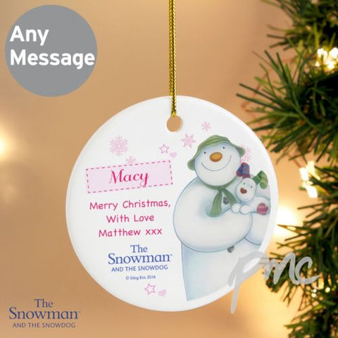 Personalised The Snowman and the Snowdog Pink Round Decoration