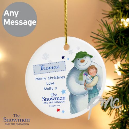 Personalised The Snowman and the Snowdog Blue Round Decoration