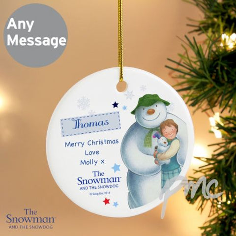 Personalised The Snowman and the Snowdog Blue Round Decoration