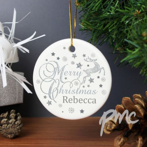 Personalised Silver Reindeer Round Ceramic Decoration