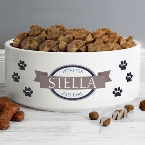 Personalised Blue Paws 16cm Large White Pet Bowl