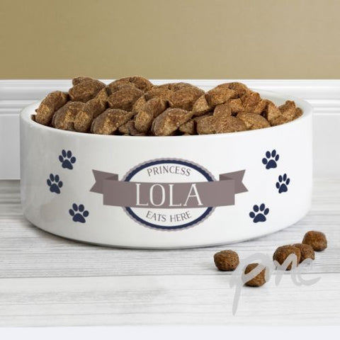 Personalised Blue Paws 14cm Medium White Pet Bowl