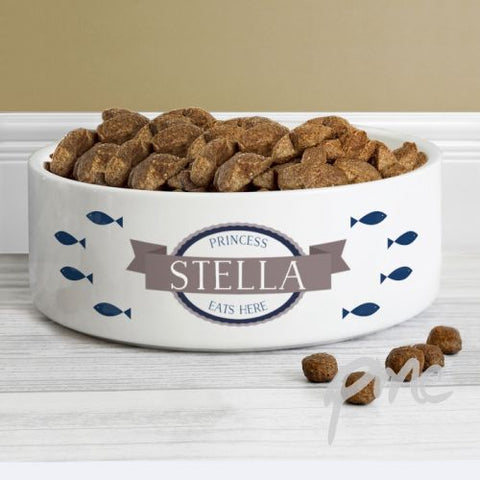 Personalised Blue Fish 14cm Medium White Pet Bowl