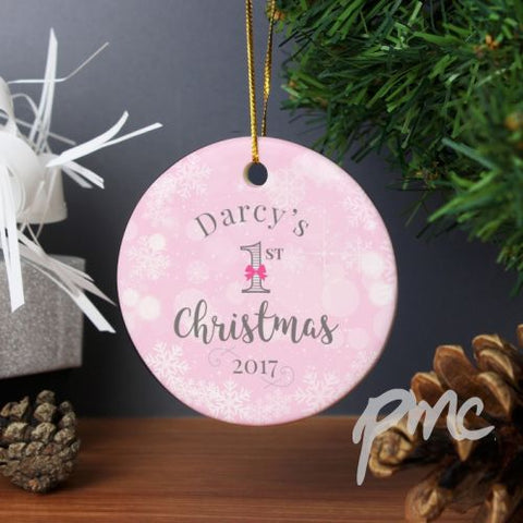 Personalised Pink My 1st Christmas Round Ceramic Decoration