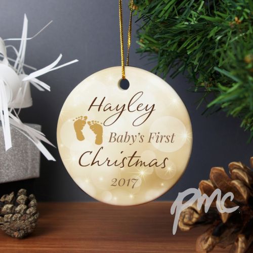 Personalised Neutral My 1st Christmas Round Ceramic Decoration