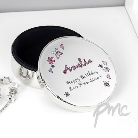 Personalised Flowers and Butterflies Round Trinket Box