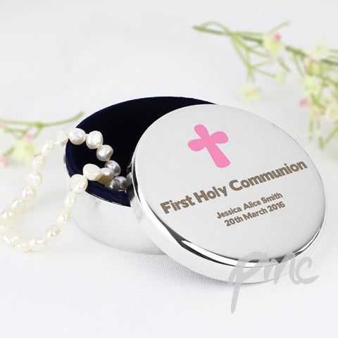 Personalised Pink Cross Round Trinket Box