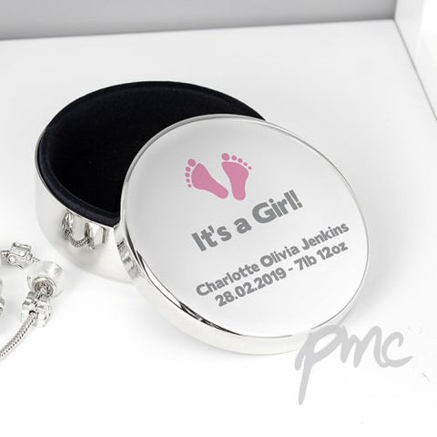 Personalised Pink Footprints Round Trinket Box