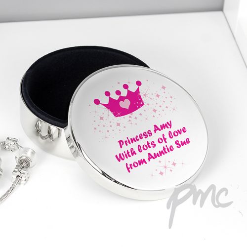 Personalised Pink Crown Round Trinket Box
