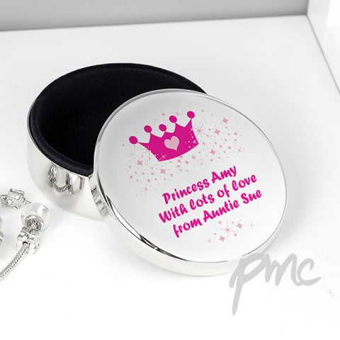 Personalised Pink Crown Round Trinket Box