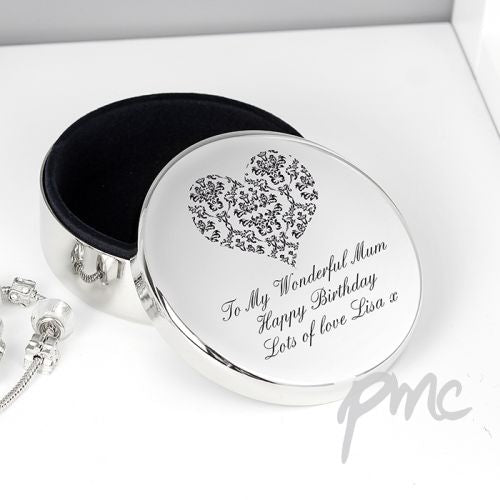 Personalised Damask Heart Round Trinket Box