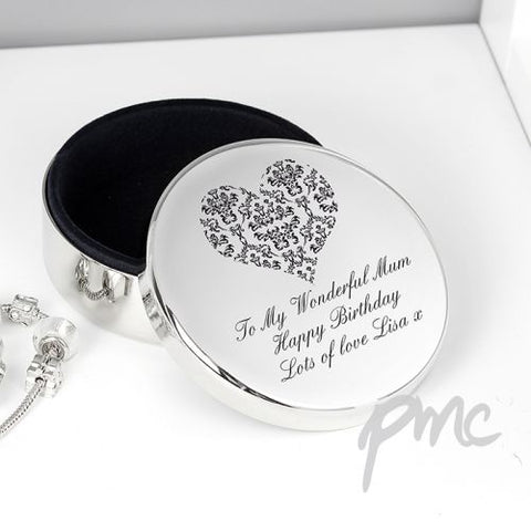 Personalised Damask Heart Round Trinket Box