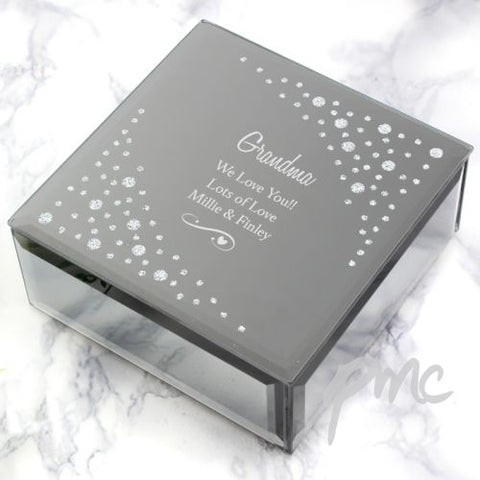 Personalised Any Message Swirls & Hearts Diamante Glass Trinket Box