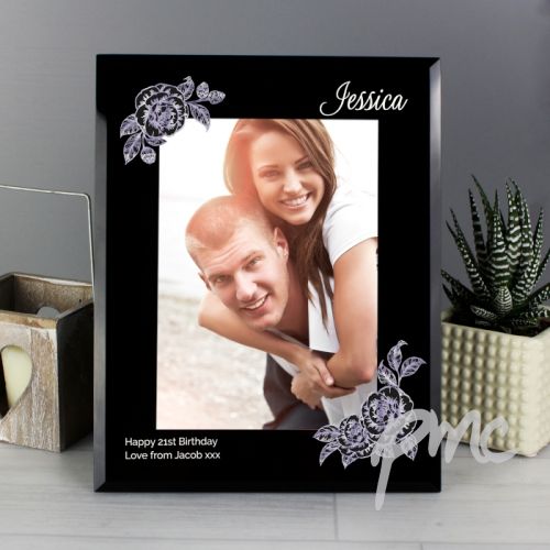 Personalised Rose Sketch 5x7 Black Glass Photo Frame