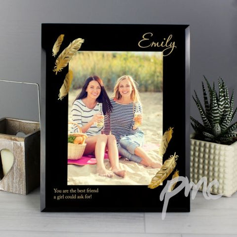 Personalised Golden Feather 5x7 Black Glass Photo Frame