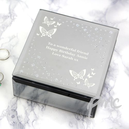 Personalised White Butterfly Diamante Glass Trinket Box
