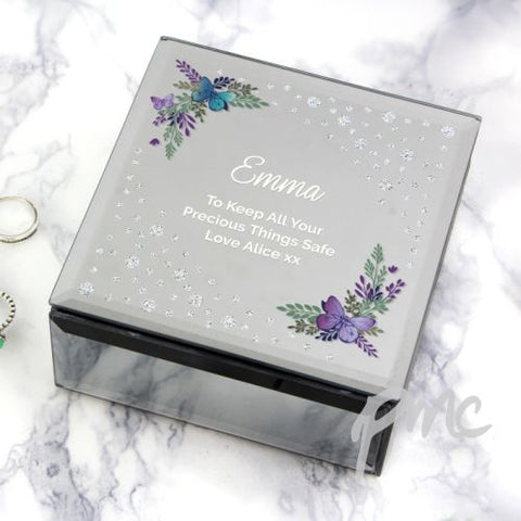 Personalised Floral Butterfly Diamante Glass Trinket Box
