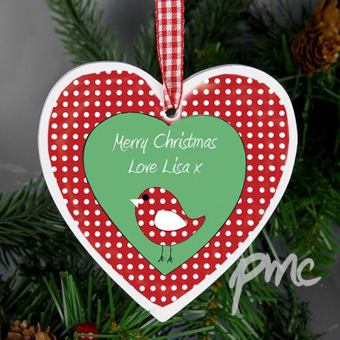 Personalised Christmas Bird Design Wooden Heart Shaped Decoration