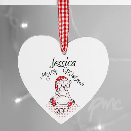 Personalised Christmas Teddy Design Wooden Heart Shaped Decoration