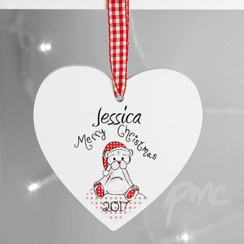 Personalised Christmas Teddy Design Wooden Heart Shaped Decoration