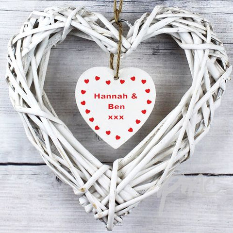 Personalised Wooden Wicker Heart With Inner Hanging Heart Design