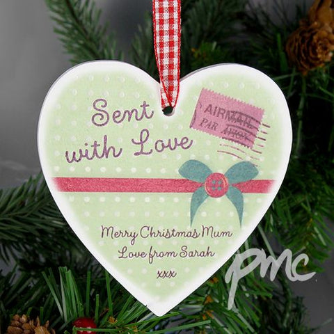Personalised Sent With Love Wooden Heart Decoration
