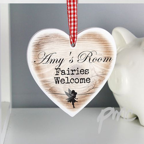 Personalised Fairies Welcome Wooden Heart Shaped Decoration