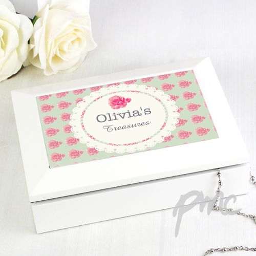 Personalised Vintage Rose White Jewellery Box
