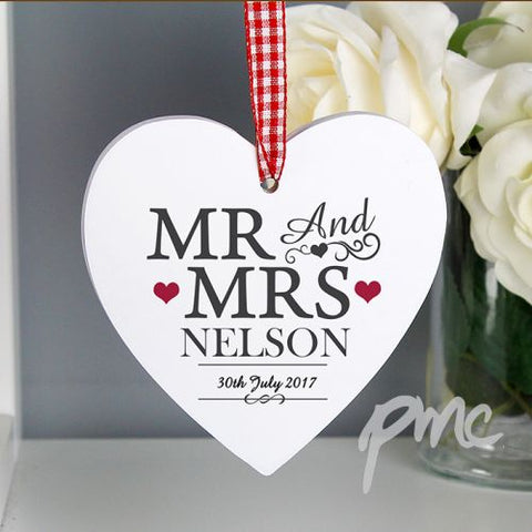 Personalised Mr & Mrs Wooden Heart Decoration